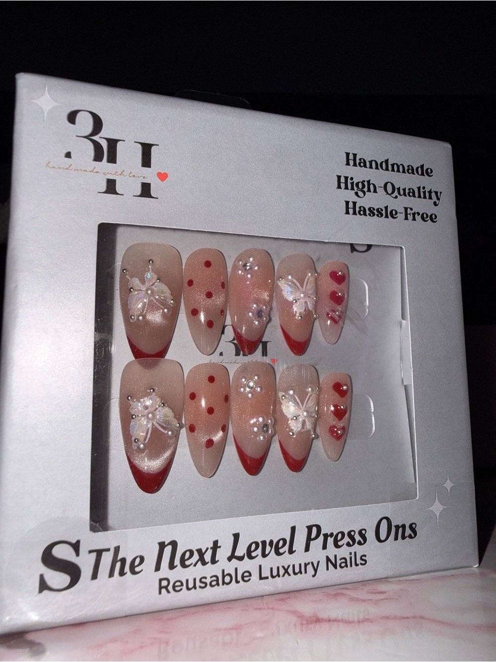 3H Next Level Luxury Press-Ons Reusable - Nude with Red Accents